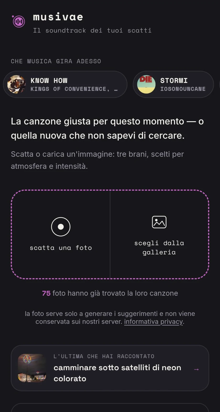 Musivae: la schermata iniziale, in attesa di una foto